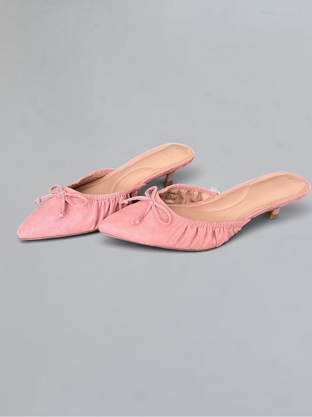Time and Tru Pink Faux Suede Bow Pointed Toe Kitten Heel Mules Size 7
